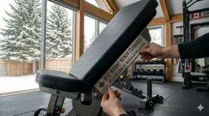 Close-up of a premium weight bench with a bilingual "Meilleur banc de musculation" product plaque for the Canadian and Quebec market.