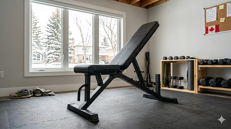 A versatile adjustable weight bench under $150 in a modern Canadian home gym setting.