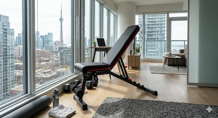 A sturdy, adjustable weight bench under $300 in a modern Canadian home gym, perfect for strength training during winter months.