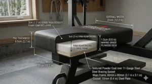 Bilingual assembly guide icon on a flat weight bench frame featuring English and French (Français) instructions and QR code.