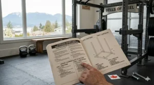 Close-up of a bilingual English and French assembly manual for a Canadian-designed squat rack.