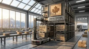 Map of Canada showing fast shipping routes for power racks from warehouses in Ontario, Alberta, and Quebec.