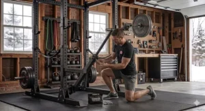 Small-space garage gym layout in Canada showing a landmine attachment for power rack tucked away to save floor space.