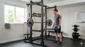 A space-saving power rack for beginners, ideal for low-ceiling Canadian basements or garage gyms.