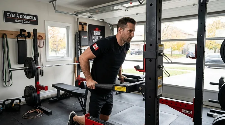 A heavy-duty dip attachment for power rack mounted in a home garage gym in Toronto, featuring 2x3 steel construction.