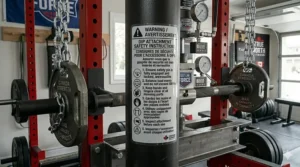 Safety warning labels for a dip attachment for power rack in both English and French (consignes de sécurité).