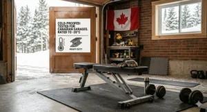 High-detail photograph of a sturdy, heavy-duty steel budget weight bench designed to withstand cold Canadian garage gym conditions, with a snowy driveway visible through an open bay door.