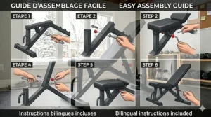 Step-by-step assembly guide for a budget weight bench with bilingual English and French instructions.