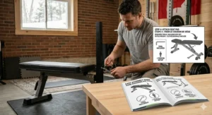 Photorealistic illustration of a man easily assembling a budget weight bench in a Canadian home gym, with natural light and a detailed instruction manual featuring clear bilingual diagrams.
