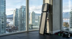 Compact foldable weight bench for small space living in Vancouver or Toronto condos.