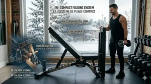 A space-saving foldable adjustable weight bench tucked away in a small Montreal apartment.