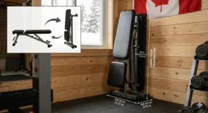 Illustration of a compact, folding budget weight bench in a Canadian home gym setting, demonstrating its space-saving vertical storage feature near a window with snowy background.