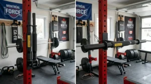 A space-saving, foldable dip attachment for power rack, ideal for compact basement gyms in Montreal.