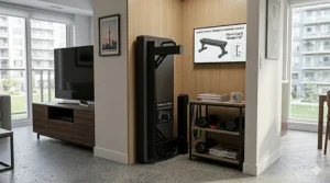 Space-saving folding flat weight bench stored vertically against a wall in a compact modern Toronto condo living room.