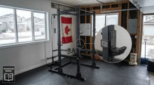 Illustration of a sturdy power rack for beginners set up in a Canadian garage gym with rubber flooring.
