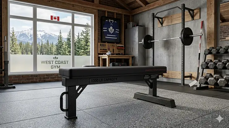 Heavy-duty flat weight bench in a Canadian home garage gym with a snowy forest view and a hockey jersey on the wall.