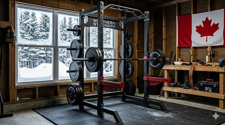 Heavy-duty power rack for powerlifting in a Canadian garage gym featuring Olympic plates, a barbell, and a Canadian flag background.