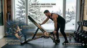 Close-up of the heavy-duty steel frame and locking pins of a professional adjustable weight bench.