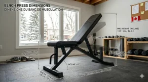 Diagram of an adjustable incline and decline weight bench with measurements in cm and inches.