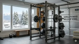 Illustration of a power rack setup in a Canadian garage gym equipped for winter training with proper flooring.