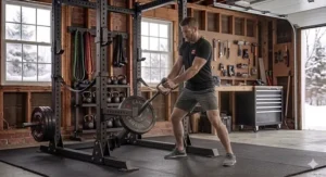 Instruction graphic for landmine attachment for power rack (accessoire landmine pour cage de musculation) showing proper barbell insertion.