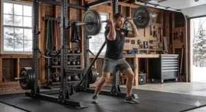 Demonstration of a kneeling landmine shoulder press using a rack-mounted landmine pivot.