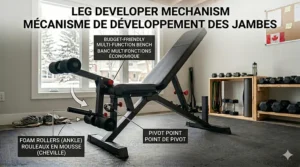 Close-up of a weight bench under $150 featuring a leg developer and foam rollers.