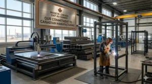 Illustration of a Made in Canada (Fait au Canada) steel manufacturing process for heavy-duty power cages.