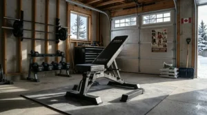Fitness equipment display showing the best FID bench with English and French (meilleur banc réglable) instructional labels.