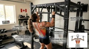 Anatomical illustration showing muscle engagement during neutral grip pull-ups on a power rack attachment.