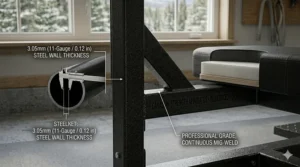 Detailed view of integrated non-slip rubber floor protector feet on a flat weight bench, ideal for concrete garage floors.