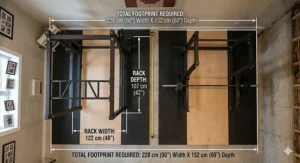 Alt text for image 5: Illustration of an Olympic barbell inside a power rack showing shaft length and sleeve clearance dimensions for plate loading.