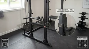 Diagram of entry-level power rack accessories including J-cups, dip bars, and a landmine attachment.