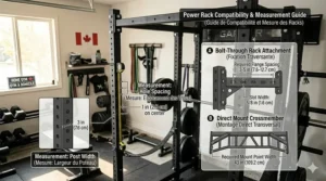 Comparison chart illustrating how to measure hole spacing on a power rack for a universal pull-up bar attachment.