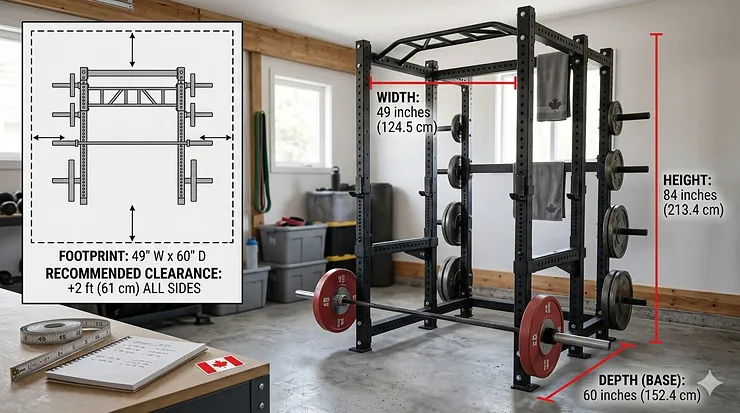 Top-down diagram of power rack floor space dimensions in centimeters and inches, highlighting the total footprint required for a Canadian garage gym. power rack dimensions guide