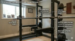 Alt text for image 9: Bilingual English and French chart for power rack dimensions (guide des dimensions) converting imperial inches to metric centimeters.