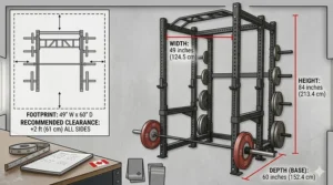 Illustration of power rack height dimensions showing standard 84-inch and short 72-inch models to fit low-ceiling Canadian basements.