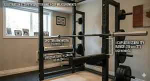 Alt text for image 6: Diagram of power rack pull-up bar height and the necessary ceiling clearance for head room in a residential gym setting.