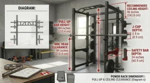 Illustration of a power rack with a 6-post extension showing added depth dimensions for integrated weight plate storage.