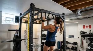 Illustration showing a space-saving pull-up bar attachment designed for basement gyms with low ceilings, common in Canadian homes.