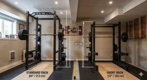 Alt text for image 4: Close-up of power rack uprights comparing standard 2-inch hole spacing with 1-inch Westside hole spacing for precise safety adjustments.