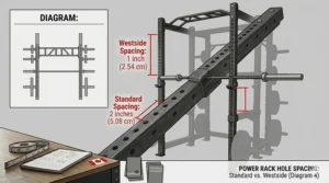 Side profile illustration of power rack safety arm depth and J-cup dimensions for secure heavy lifting.