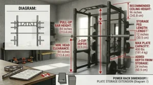 A bilingual English and French power rack dimensions chart (Dimensions de la cage de musculation) featuring metric conversions for the Canadian market.