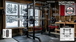 Rear view of a power rack for powerlifting showing integrated weight plate storage pegs for increased frame stability and organization.