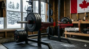 Close-up of reinforced safety spotter arms on a power rack for powerlifting, showing secure attachment points for solo lifting.