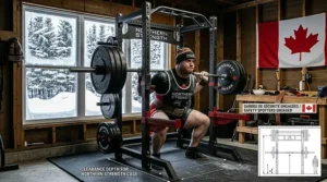 Photorealistic illustration of a powerlifter performing a back squat inside a power rack for powerlifting with safety spotters engaged.