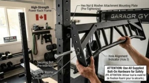 Step-by-step diagram showing the secure bolt-on installation of a pull-up bar attachment to a power rack frame.