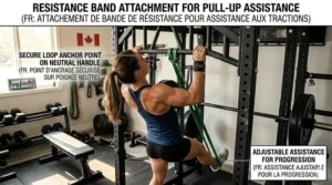 Illustration of a power rack pull-up bar being used with resistance bands for assisted pull-up progressions.