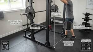 Illustration of a lifter performing a squat in a power rack for beginners with proper form and safety pins.