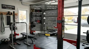 Side-by-side comparison of a standard dip bar versus a premium dip attachment for power rack with powder coating.